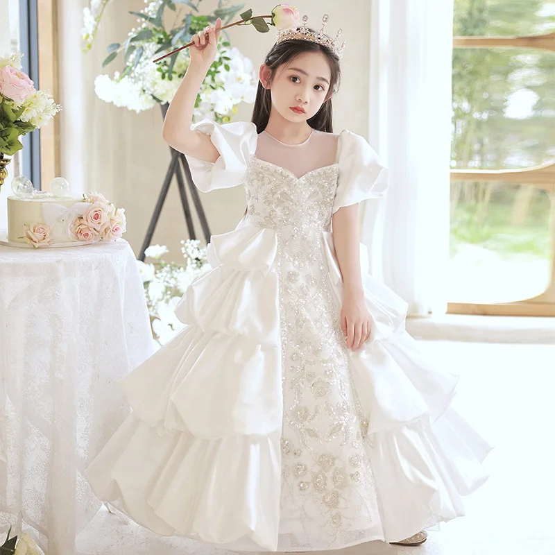 Retro Palace Girls Dress Little Girls Kids white sequin Long Ball Gown Children Wedding Party Costume baby Ball Formal Dresses