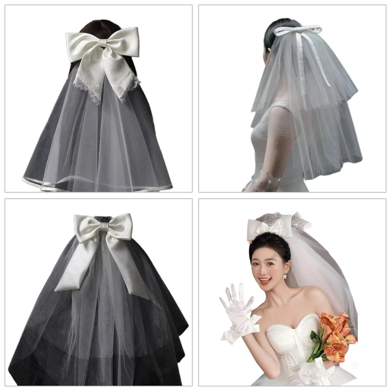 

Wedding Bride Tulles with Bowknot Veil Elegances Bride Proms Party Tiaras Women Long Veil for Taking Photo Bowknot Veil