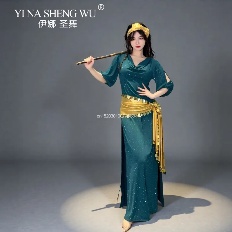 3 قطعة مجموعة ملابس الرقص المهنية بلدي الرقص الشرقي أداء زي سيدة ممارسة الرقص مجموعة رداء شعبي عمامة الخصر سلسلة