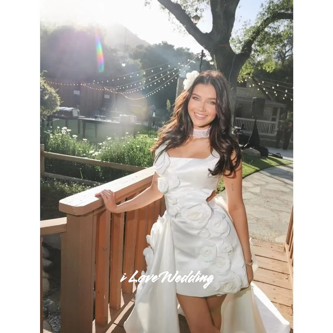 White 3D Flowers Spaghetti Strap Mini Skirt Sleeveless Sweet Trailing Homecoming Dresses Birthday Party Dresses Pleated Customiz