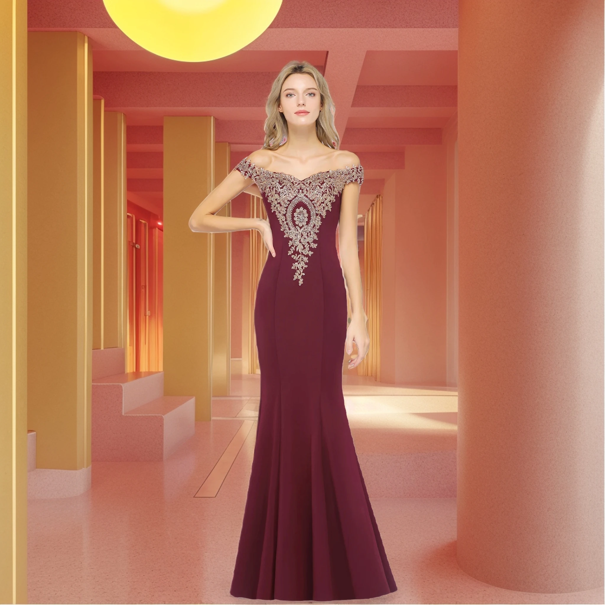 

2024 Diamonds Beading Embroidered Off the Shoulder Evening Gown With an Short Train and Made with Lace Embroidered Mesh