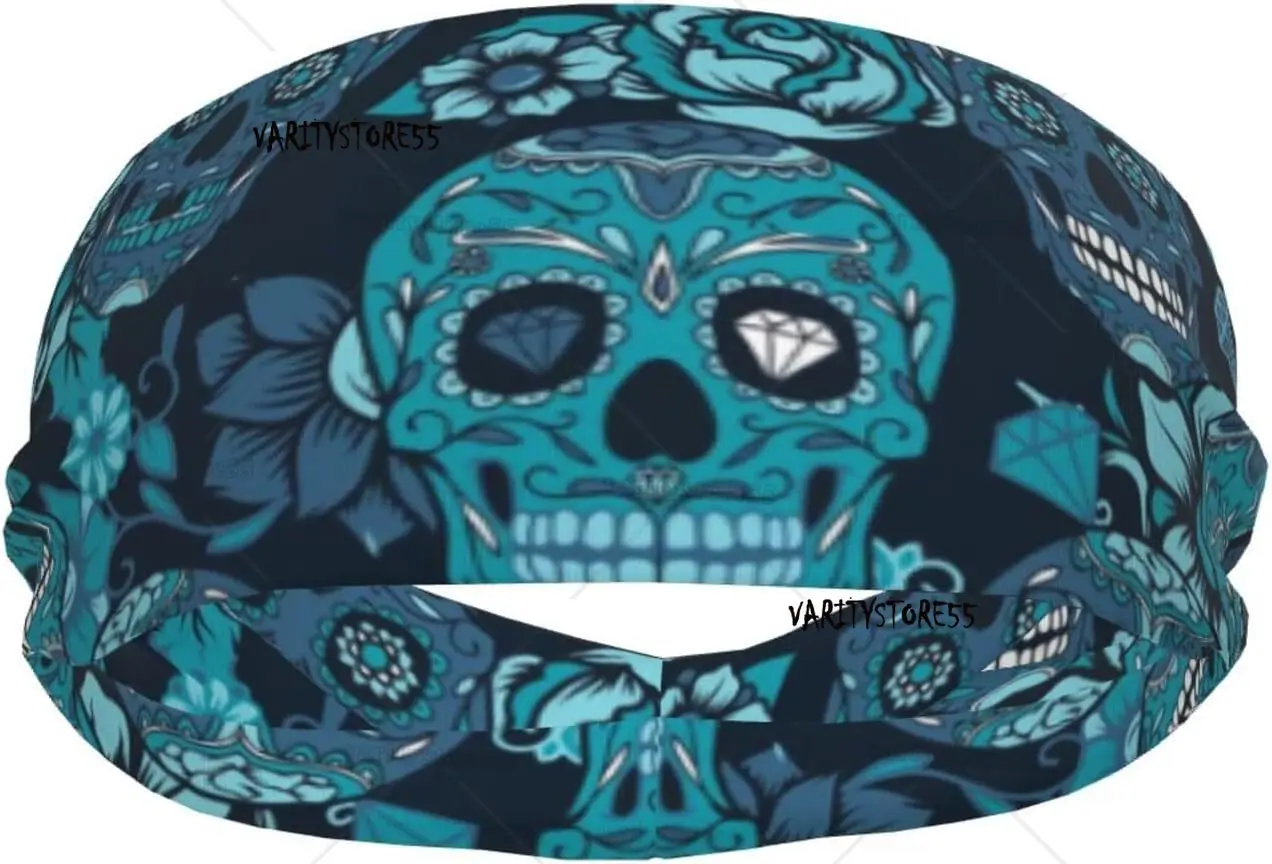 

Sugar Skull Print Sports Headband Wicking Workout Wide Hair Bands Sweat Absorbing Athletic Hairband for Running Cycling Gym