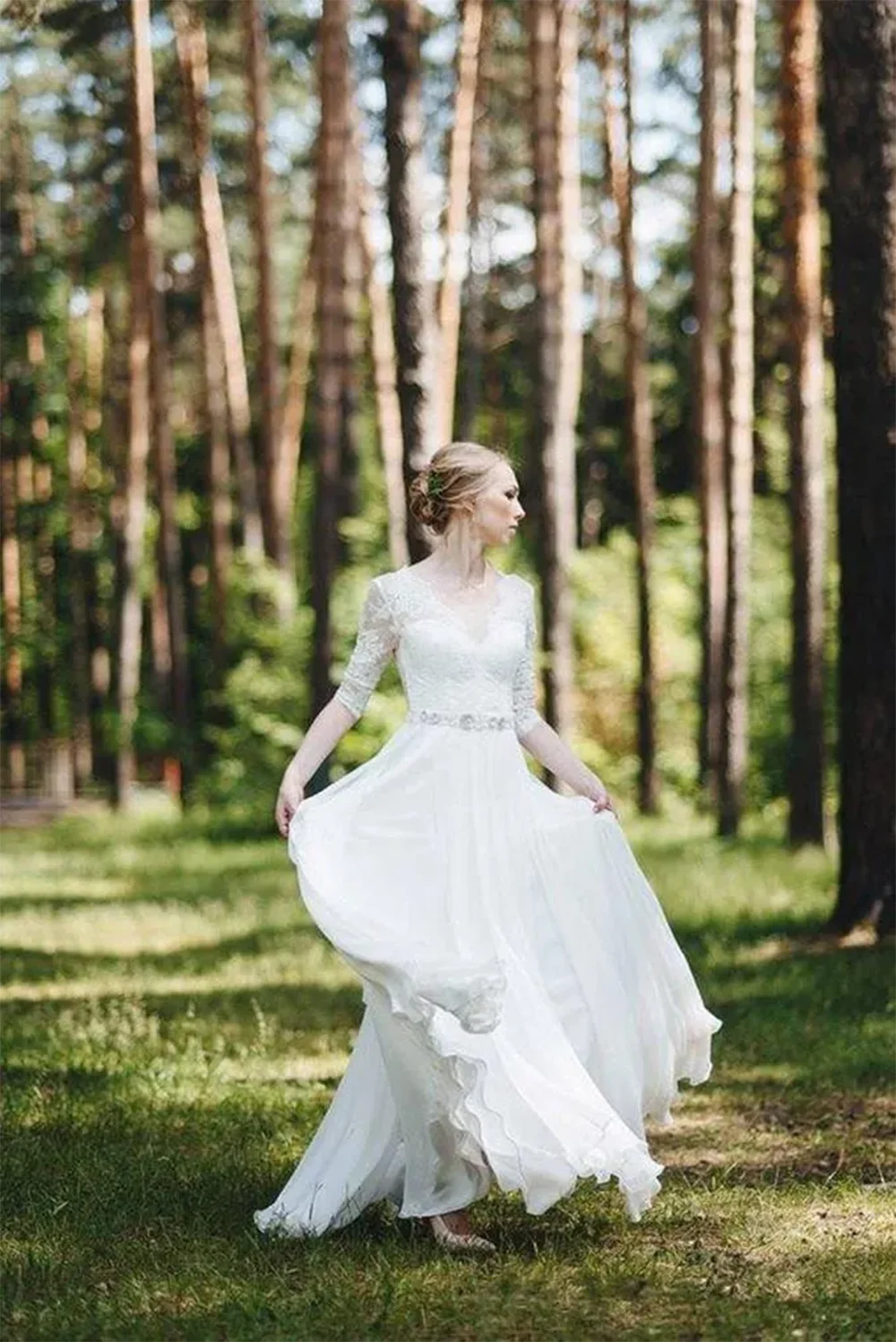 Simple Elegant Chiffon Scalloped V Neck Half Sleeves Lace Beaded Sash Crystals Custom Made A Line Wedding Gown Vestidos Estidos