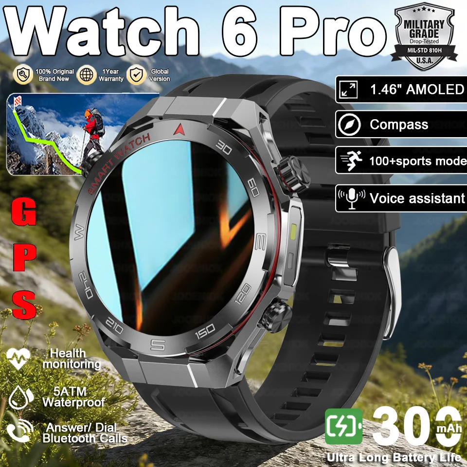 

Смарт-часы Watch 6 Pro с GPS, улучшенные, для активного отдыха, мужские, с LED-фонариком, Bluetooth-звонками, компасом, спортивные, водонепроницаемые IP68, новинка 2026 года