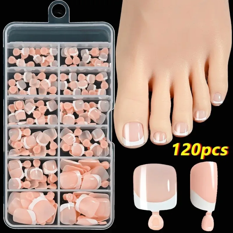 120Pcs 9-Colors Nude/Pink/Brown Summer Short Sqaure Press on Toe Nails Tips Glossy Full Cover False Toenail French Fake Toenails