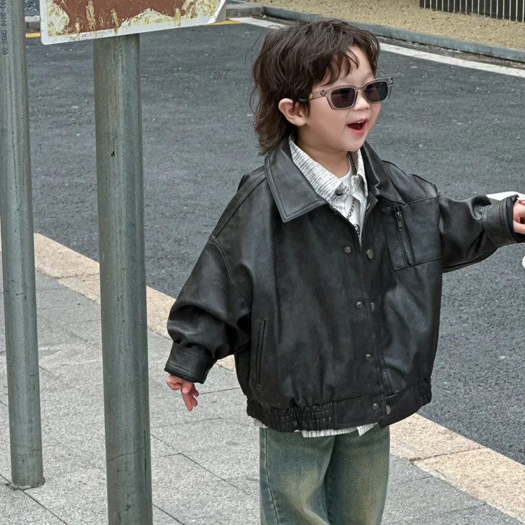 Boys Leather Jackets Spring Clothes Korean Style Children 2024 Spring Jacket Jacket Three-dimensional Embossed Leather Jacket