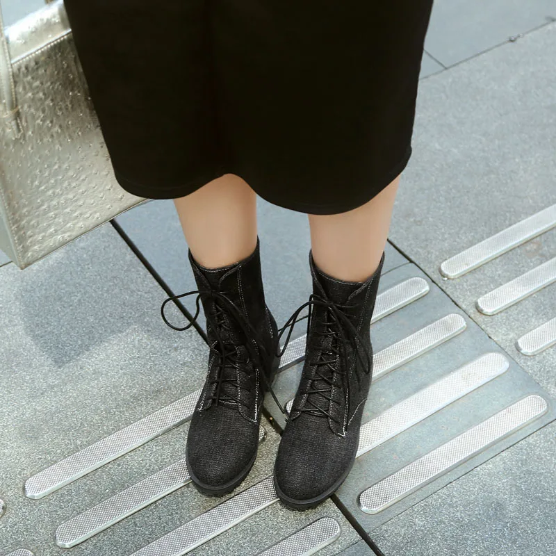 New Autumn Winter Denim Women Boots Chunky Heel Platform Round Toe Ladies Shoes Casual Lace Up Ankle Boots for Women WSH5220 view 5