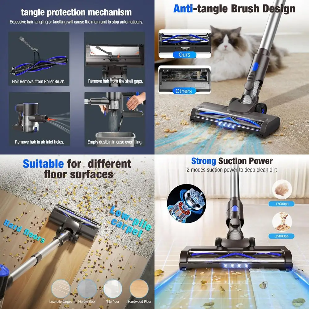 

Усовершенствованный беспроводной вертикальный пылесос 40 кПа, 8-в-1, легкий, самоподдерживающийся, с контейнером для пыли 1,5 л, с защитой от запутывания, перезаряжаемый, для твердых полов