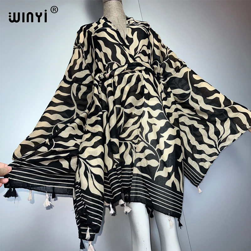 WINYI Afrika Mode Kimono Strand Outfits Frauen Sommer Strand Cover Up Strickjacke Stich Selbst Gürtel Urlaub Langarm Print Mantel