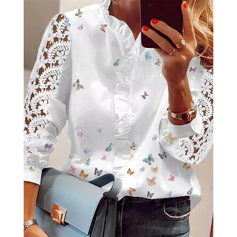 

Women Butterfly Print Blouse Ruffle Neck Lace Patchwork Long Sleeve Loose Casual Shirt