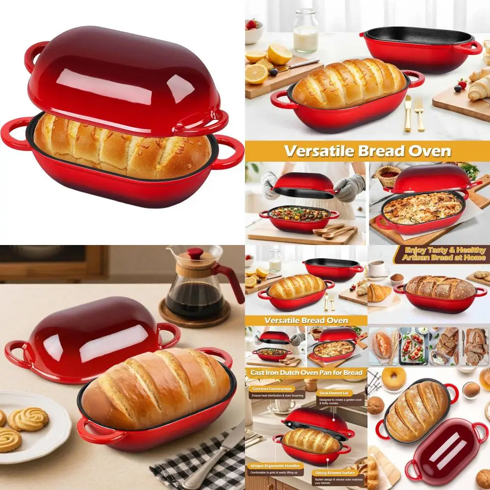 

2.8 QT Oval Enamel Cast Iron Dutch Oven for Bread Baking with Lid, Perfect for Sourdough and Roasting, Heavy Duty Red