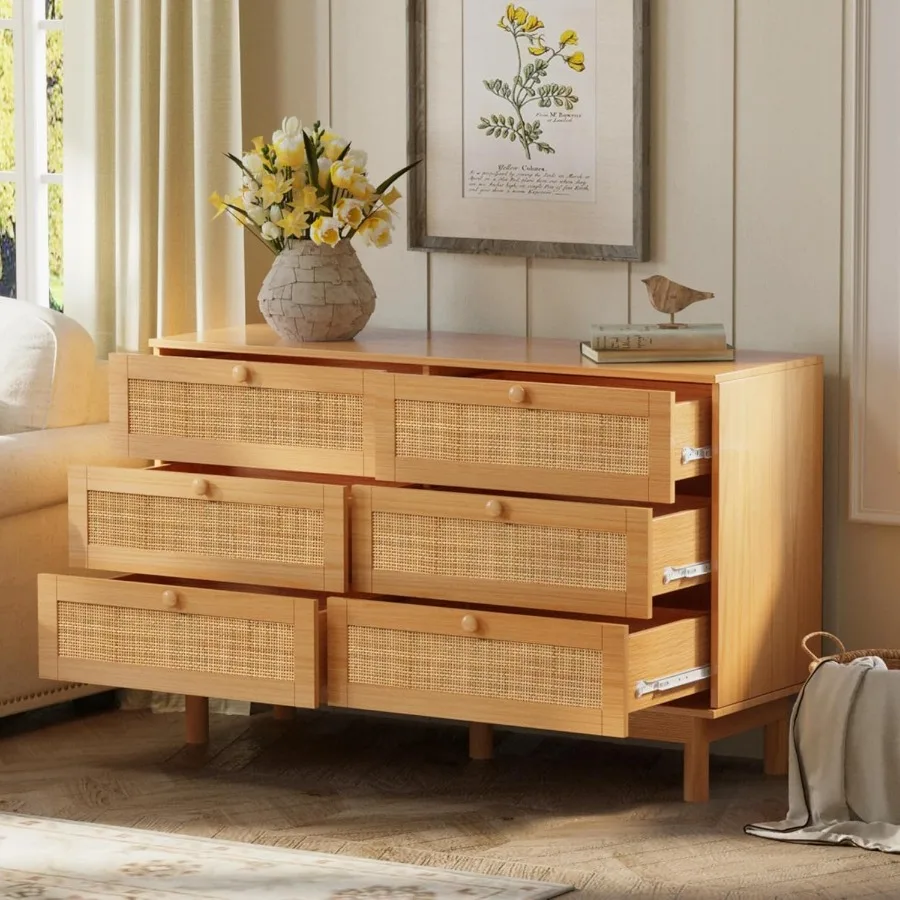 خزانة ذات 6 أدراج من الروطان لغرفة النوم 47.2 خزانة ذات أدراج من الروطان مع حامل تلفزيون مزدوج للتخزين لخزانة غرفة المعيشة Ha