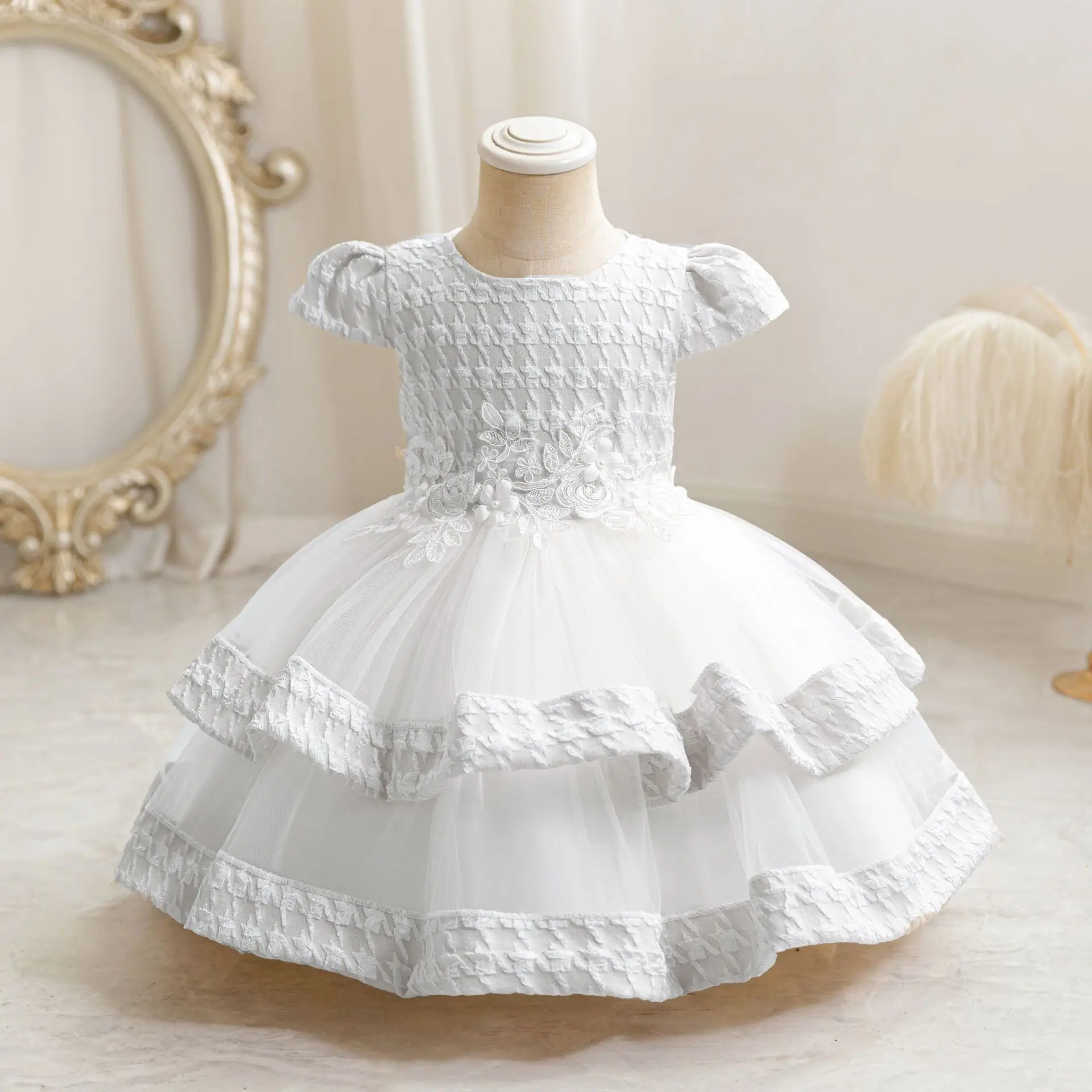 HETISO Girls Layered Splicing Fluffy Princess Dress Appliques Summer Tulle Party Ball Gown for Kids Child Birthday Clothes 1-4Y