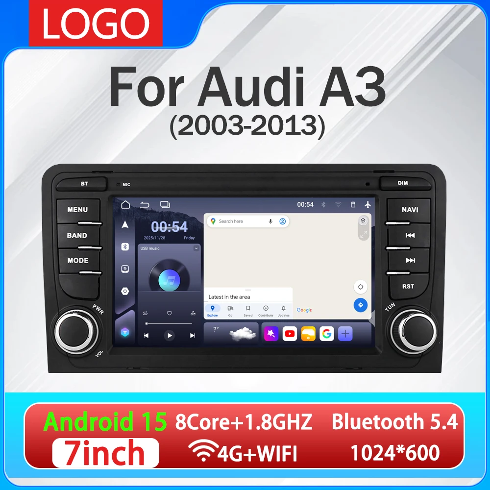 Reproductor Multimedia Estéreo para Auto LELV de 7'' para Audi A3 2003-2010 con CarPlay, Android Auto, RDS, GPS, NAV, BT5.4, Pantalla IPS, 12G+256G, 4G