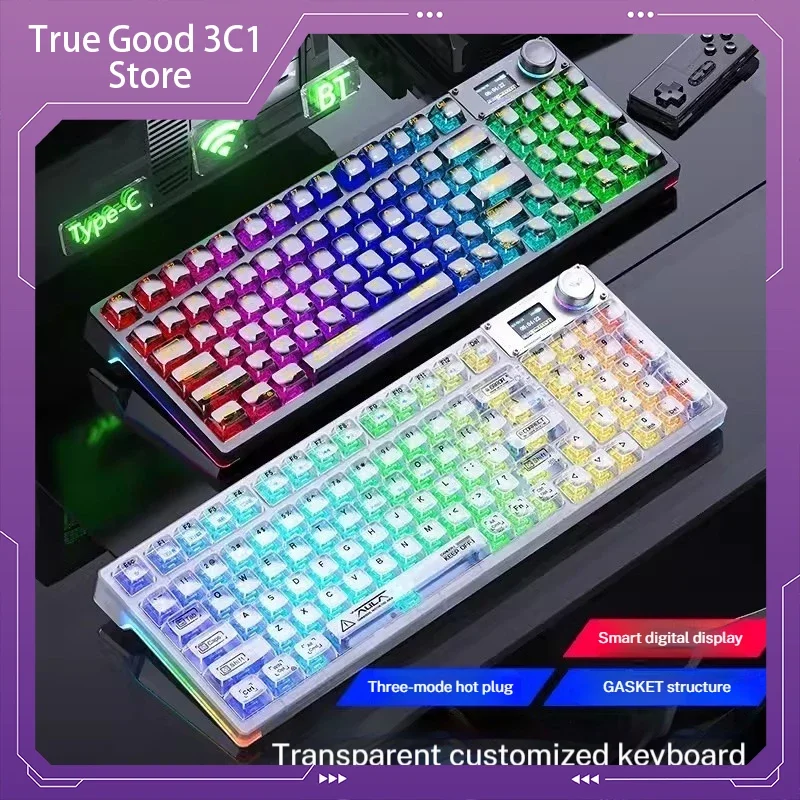 Custom Keyboard F98pro Wireless Transparent Mechanical Keyboard Display Screen Bluetooth Tri-mode Hot Plug Computer Peripherals