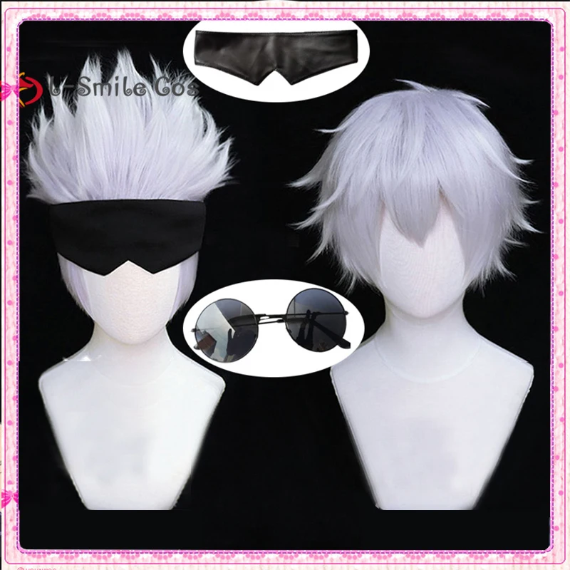 Gojo Satoru Cosplay Wig Anime Gojo Short Silver Purple Heat Resistant Hair Party Wigs With Eye Patch Glasses