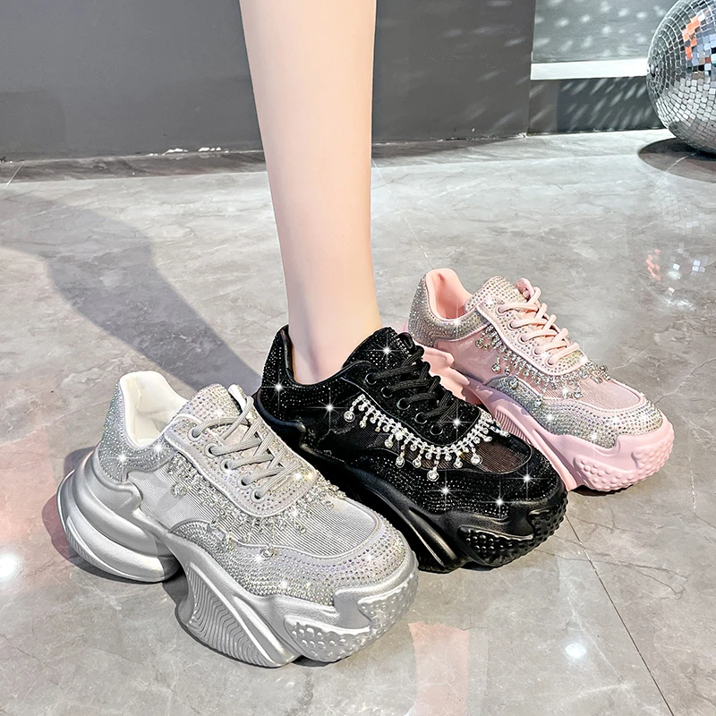 2024 Fashion Women\'s Shoes New Rhinestone Womens Sneakers Diamond Breathable Luxury Designer Casual Platform Shoes Zapatos Mujer