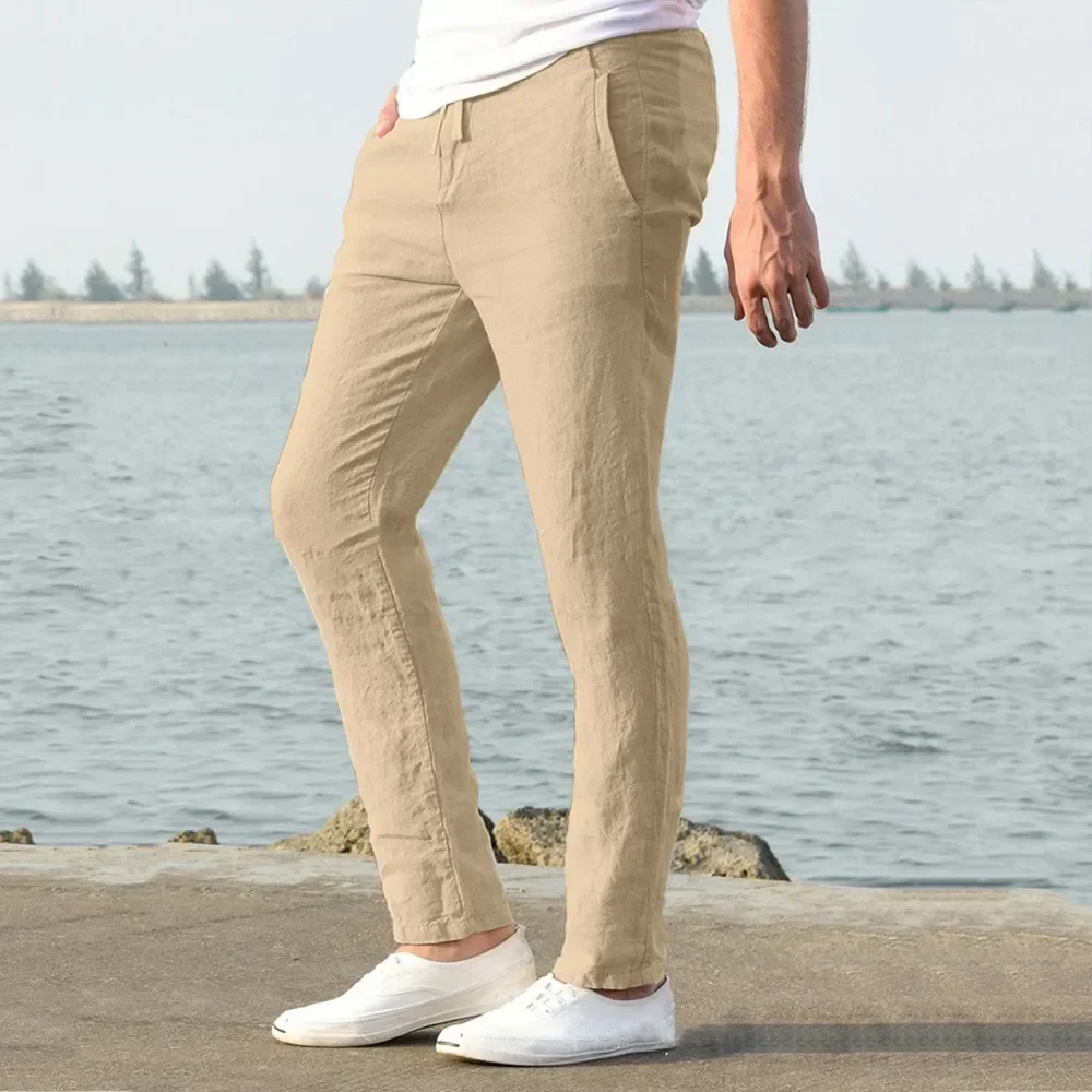 

Men's Casual Cotton Linen Pants Summer Breathable Solid Color Long Trousers Fitness Streetwear Loose Pants Simple Sweatpants