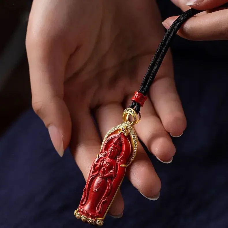 

Mencheese Original New Sterling Silver Gold-Plated Inlaid Cinnabar Avalokiteśvara Pendant Men's and Women's Necklace Pendants