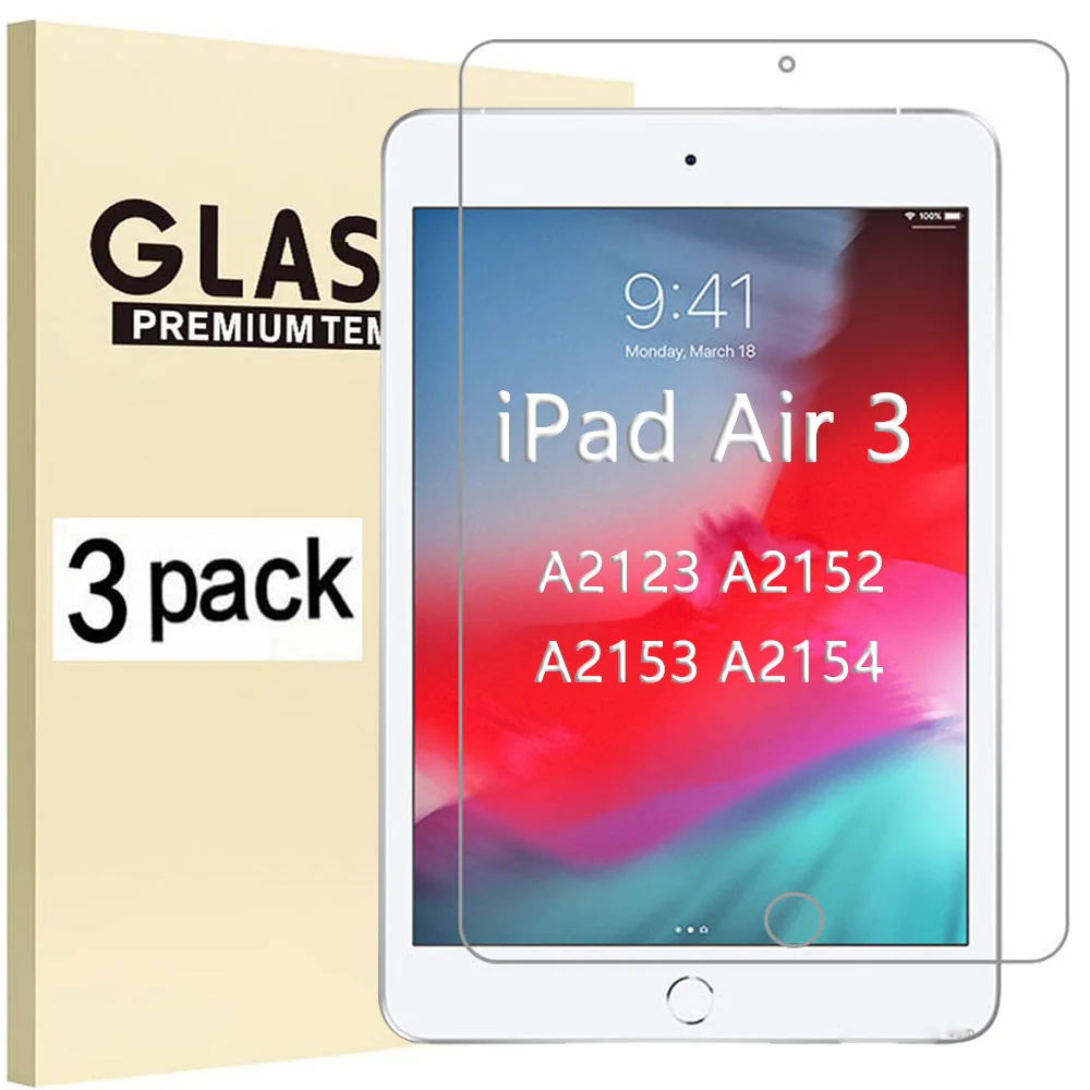 غشاء واقي شاشة تابلت مضاد للخدش ، زجاج مقسى لapple iPad Air ، Air 3 ، A2123 ، A2152 ، A2153 ، A2154 ، 3 عبوات