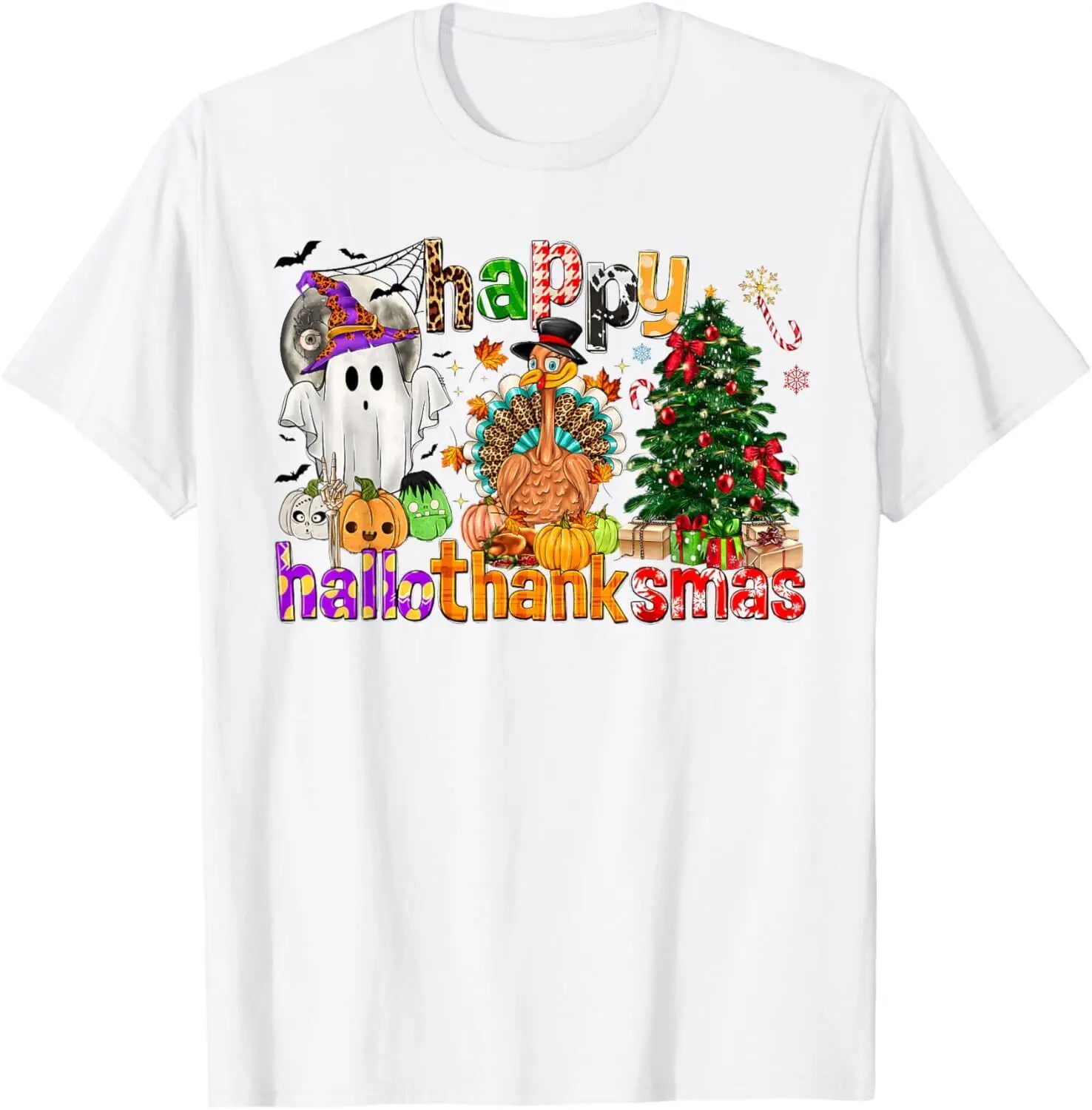 

Happy HalloThanksMas Funny Halloween Thanksgiving Christmas T-Shirt S-3XL