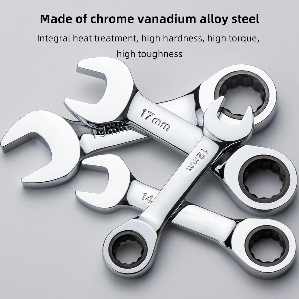 Reversible Combination Stubby Spanner 72 Tooth Ratcheting Combination Spanner Quick Open 8mm-19mm CR-V Steel for Auto Repair