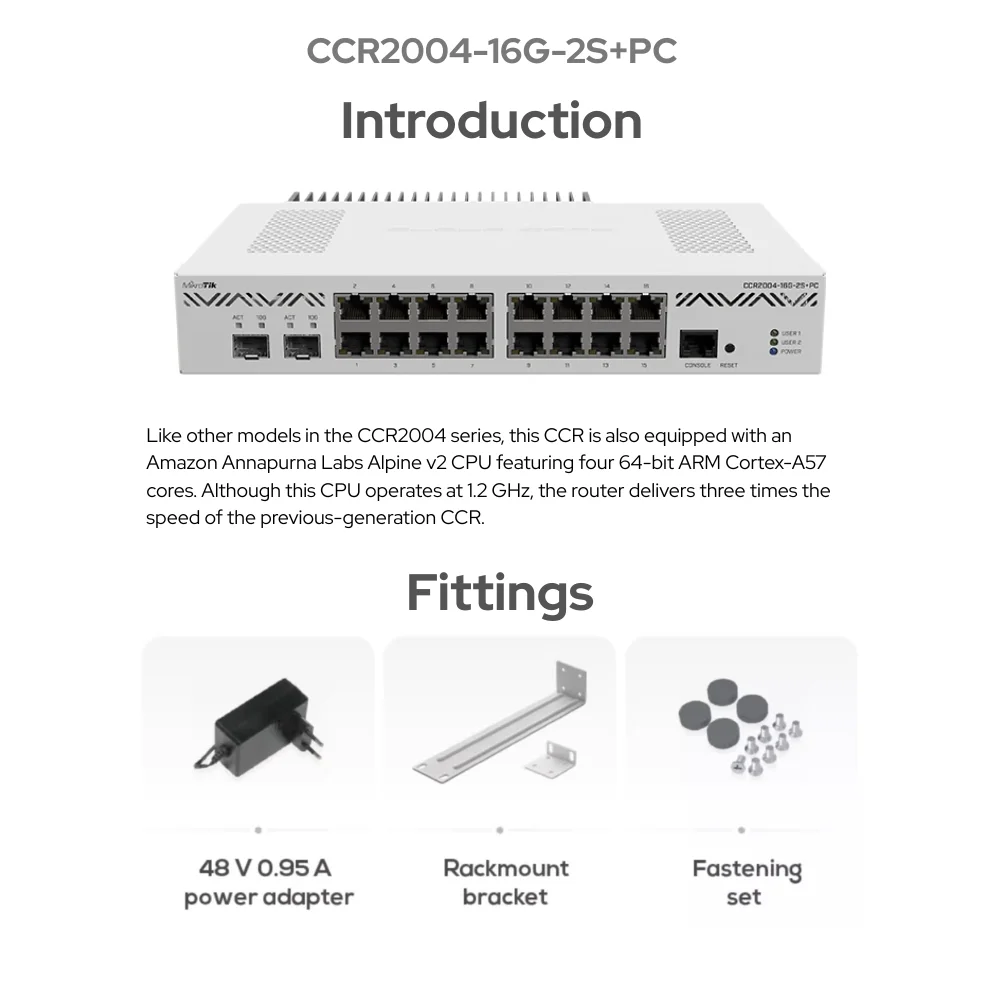 MikroTik CCR2004-16G-2S+PC 16 Gigabit 2 Gigabit Optical Port Smart Router CCR2004-16G-2S+PC