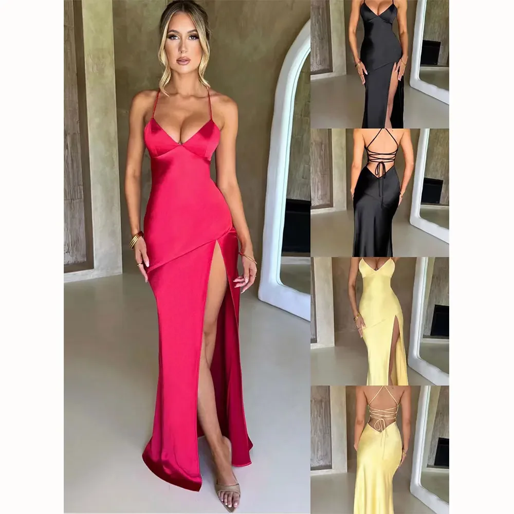 Townlike Elegant Maxi Long Slim Bodycon Dress Women Spaghetti Strap 2024 Sping Summer Dress Split Nightclub Sexy Party Dresses