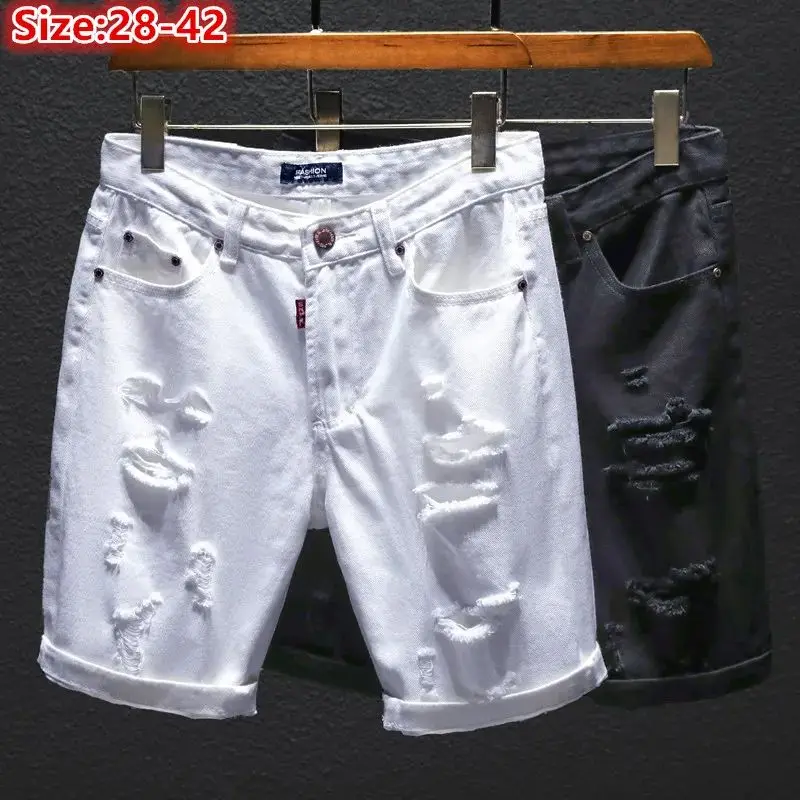 

Summer Denim off White Shorts Ripped Holes Black Half Jean B Men's Fashion Short Pants Breathable Comfortable Three-acetate F...