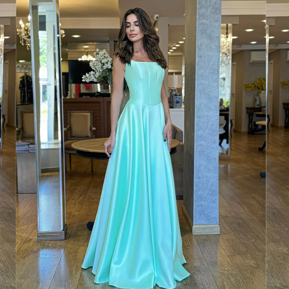 Satin Ruched Beach A-line Square Neck Bespoke Occasion Gown Long Dresses