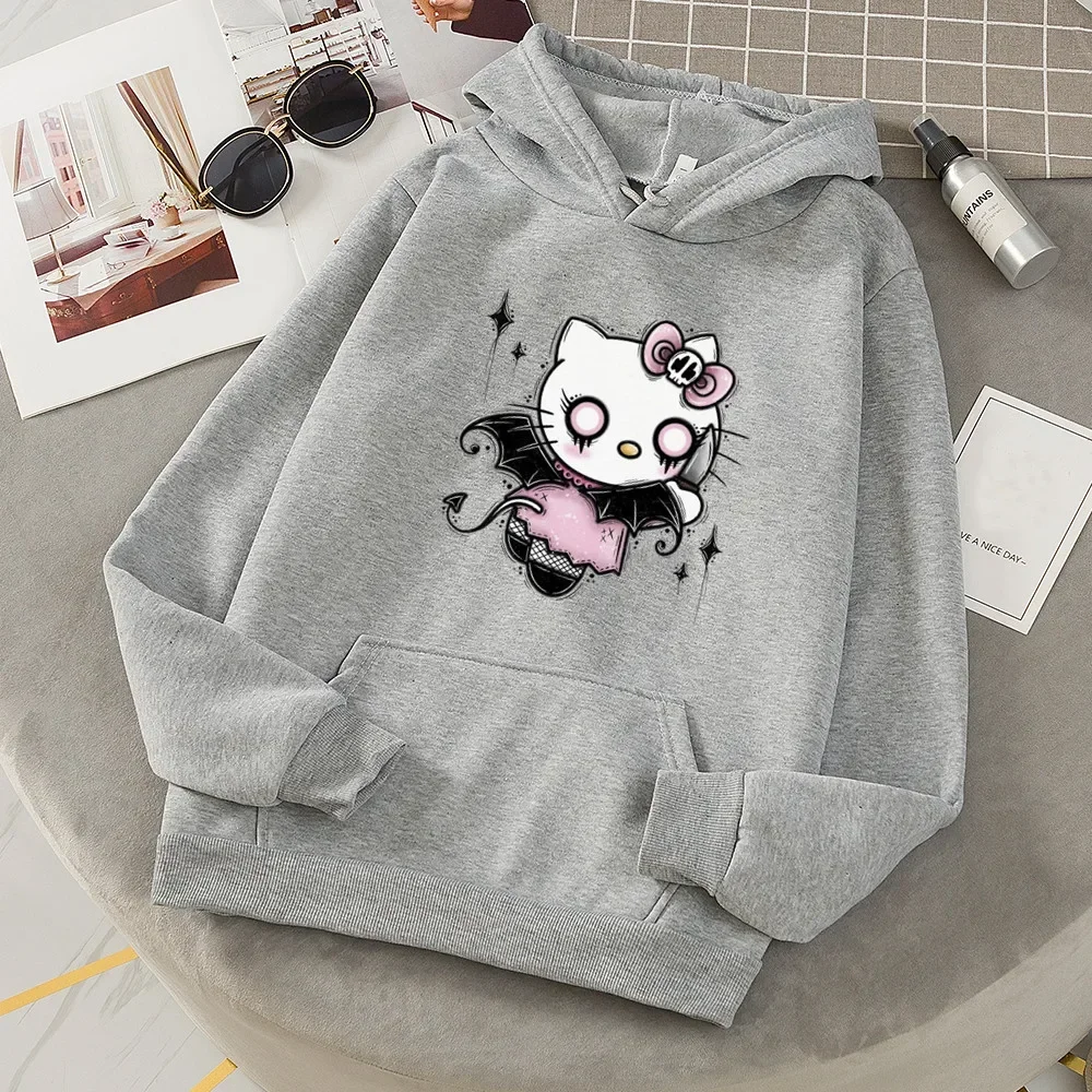 Suéter con capucha con patrón de gato Kawaii para mujer, sudaderas con capucha lindas de manga larga, Tops holgados de gran tamaño, abrigo para