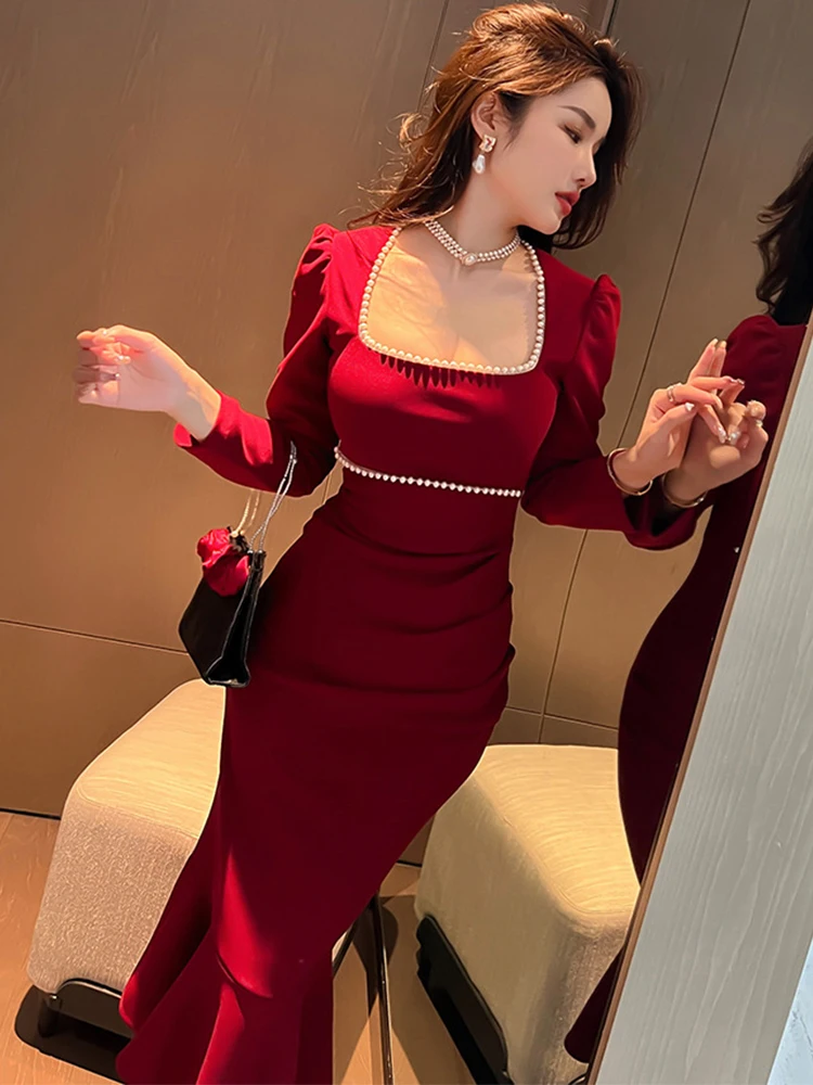 French Retro Maxi Dresses for Women Elegant Style Slim Fishtail Dress Pearl Long Sleeve Robe Femme Evening Party Banquet Clothes