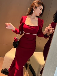 French Retro Maxi Dresses for Women Elegant Style Slim Fishtail Dress Pearl Long Sleeve Robe Femme Evening Party Banquet Clothes
