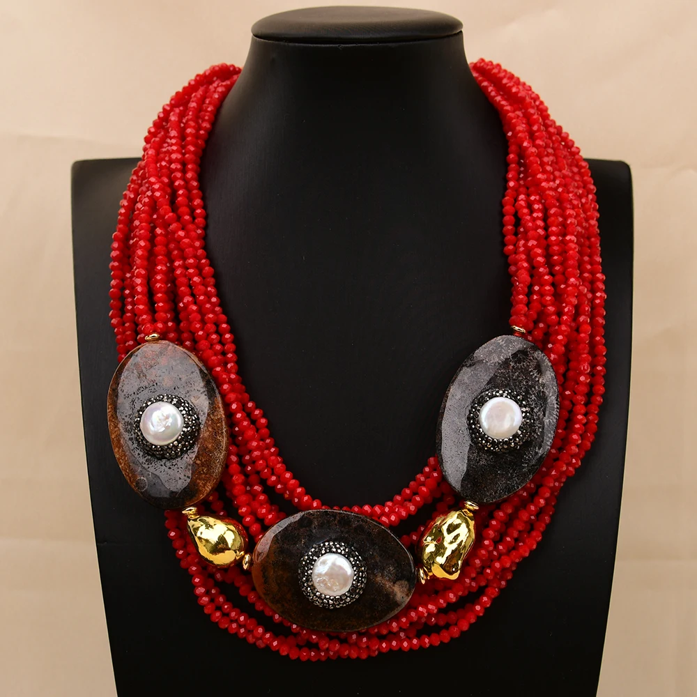 

G-G 16 Rows Natural Chrysanthemum Stone Big Oval Coral Jade Red Crystal White Pearl Necklace