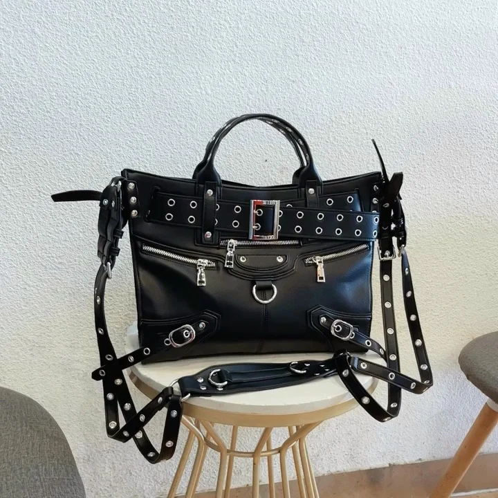 JIAERDI-Bolso de mano negro con remaches para mujer, bandolera Vintage de gran capacidad, estilo Grunge Y2k, de diseñador de lujo