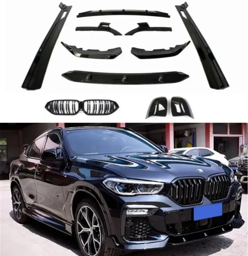 Front Bumper Lip + Grills +Rear Spoiler + Trunk Diffuser + Side Body Skirt For BMW X6 G06 2019 2020 2021 ABS Glossy Black