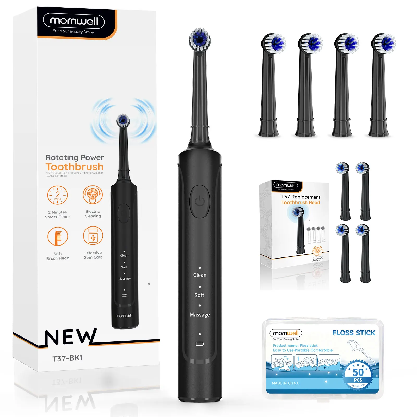 Mornwell Rotating Electric Toothbrush for Adult with 8 Brush Heads, 3 Modes Rechargeable Power Toothbrush 2 Min Timer T37(T2233)