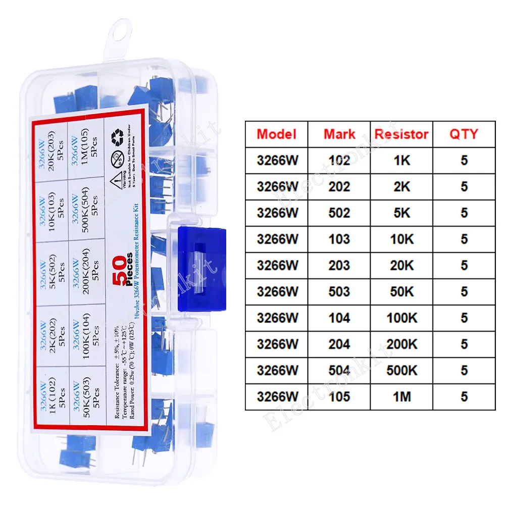 50pcs 3266W 1K-500K 1M Multi-Turn Potentiometer Assorted kit