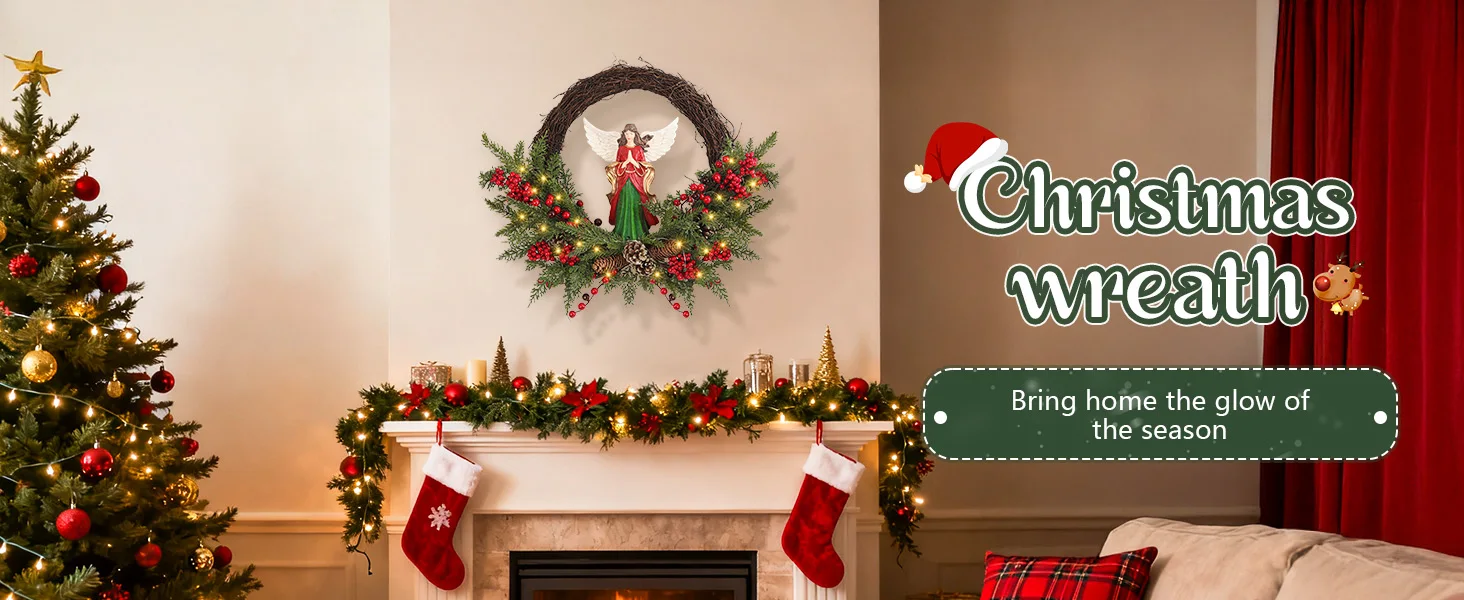 Couronne de noël à piles à 30 LED, couronne de baies d'ange pré-éclairée de 24 pouces pour porte, pas besoin de cordon, décor de vacances facile