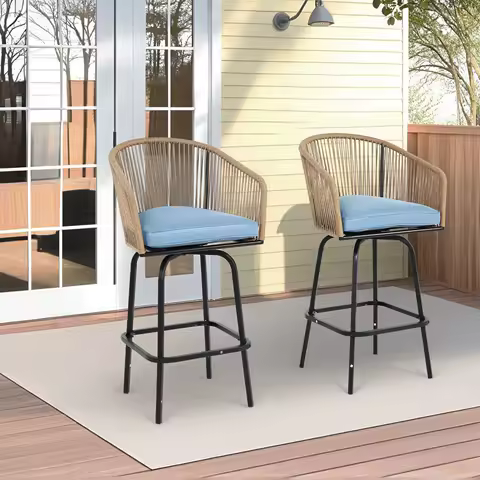 Metal Bar Stools Set Of 2, Outdoor Counter Upholstered Height Bar Chairs With Rattan Back Armrest For Balcony Deck Garden