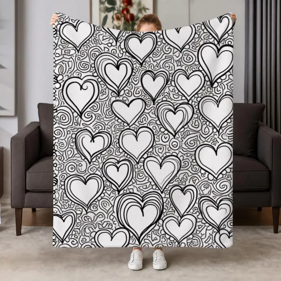 Cozy Black And White Heart And Floral Line Art Flannel Throw Blanket - Soft, Warm Ideal for Couch, Bed, Office & Travel Perfect Gift for Friends And Family Intricate Doodle Style, Machine Washable Weighted Blanket 280GS