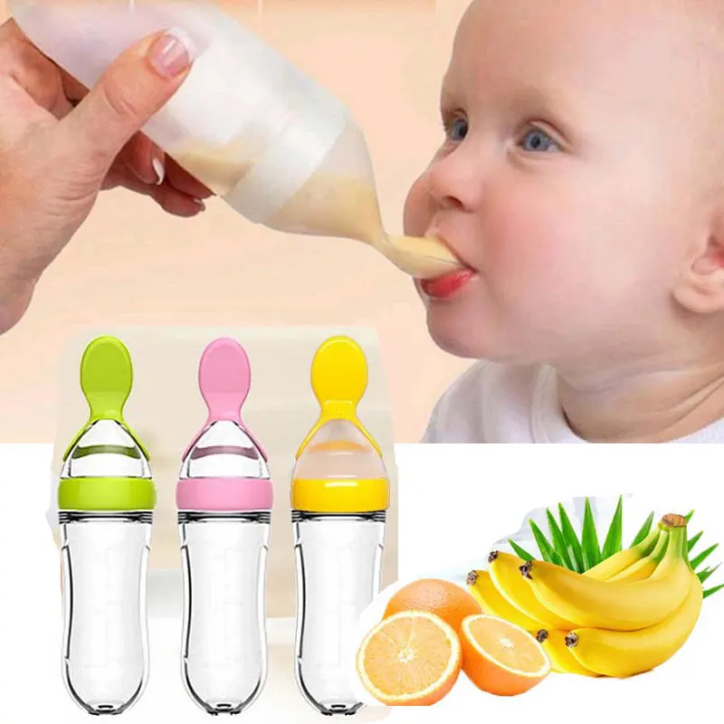 

Safe Useful Silicone Baby Bottle With Spoon Food Supplement Rice Cereal Bottles Squeeze Spoon Milk Feeding Bottle Cup