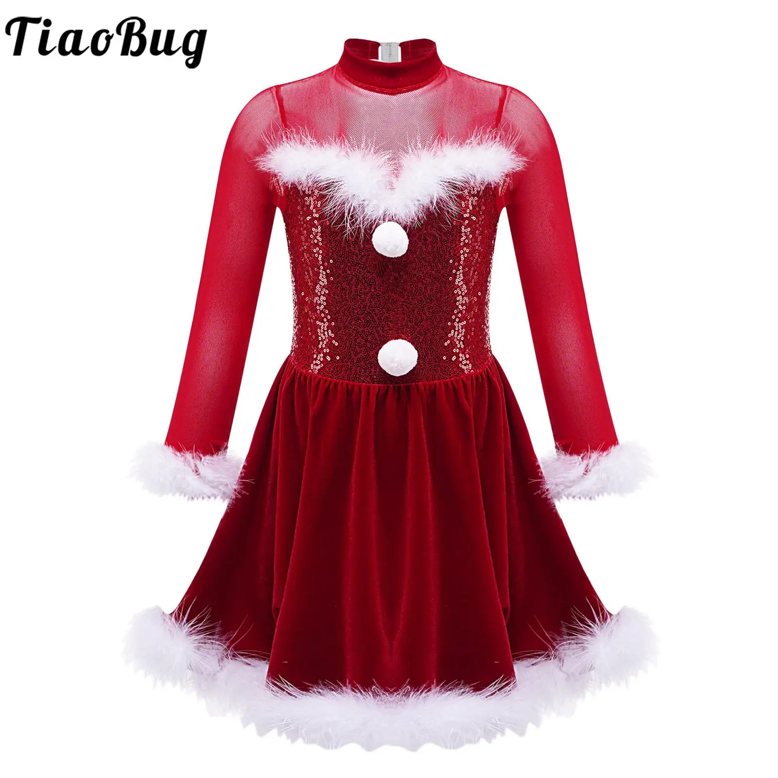 Kids Girls Christmas Dance Dress Faux Fur Mrs Claus Costume Sequins Velvet Flowy Dress Figure Ice Skating Skirted Leotard