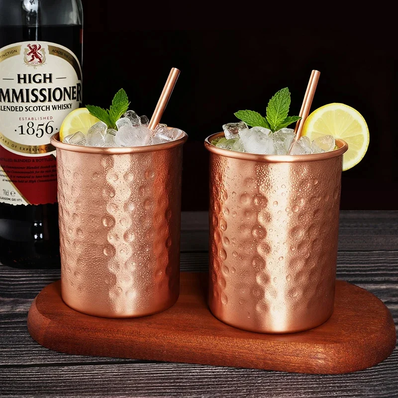 Retro Pure Copper 2 Cups, 2 Straws Set 400ml Solid Moscow Mule 100% Copper Cocktail Glass Beer Milk Mug Tea Tumbler Drinkware
