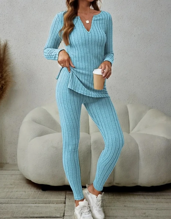 

Women's two-piece set 2025 spring new V-neck long sleeved side slit ribbed top and casual tight high waisted pants set