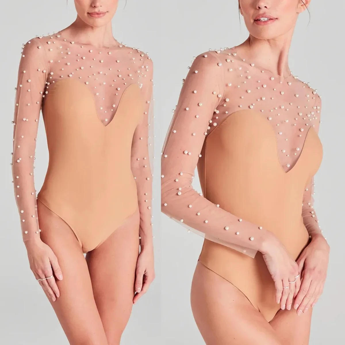 Elegant Women Slim Fit Bodysuit Rompers Pearls Beaded Patchwork One Piece Jumpsuit Causal See-through Tulle Long Sleeve Playsuit