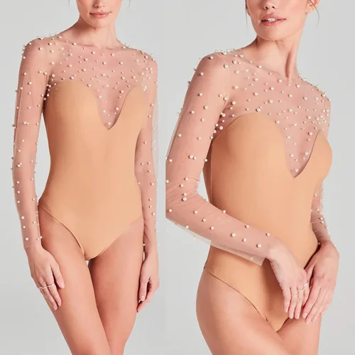 Body elegante ajustado para mujer, peleles con perlas y retales, mono de una pieza, mono informal transparente de tul de manga larga