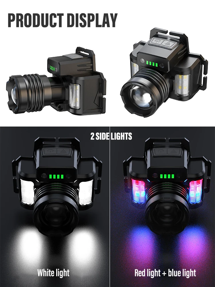 Rechargeable High-power Fishing LED Headlamp Headlight with 30W Lamp Beads and Infrared Sensors + Three-source Side Lights