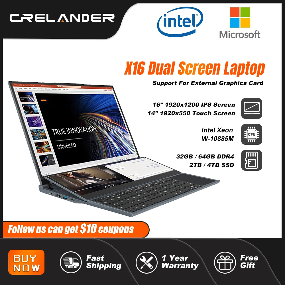 CRELANDER X16 Computer portatili a doppio schermo 16 pollici + 14 pollici Touch Screen Intel Core I7 10750H Windows 11 Computer portatile per PC Notebook