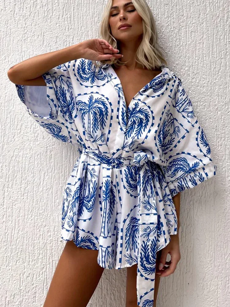 

2025 Women Summer Printed Playsuits Fashion Outfits Ladies SIngle Breasted Half Sleeve Loose Rompers For Women Casual Playsuits